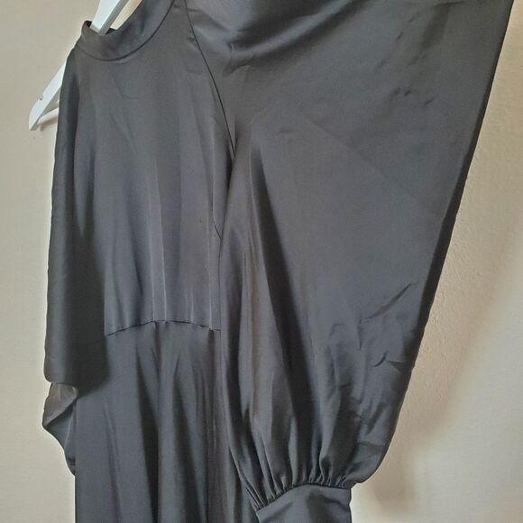 ARIAS Black Halter Neck Satin Cold Shoulder Midi Dress Size 10 - Picture 9 of 15